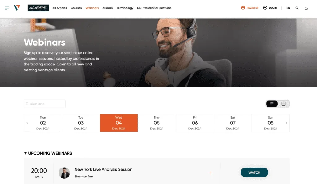 Vantage Markets Webinars Page - December 2024