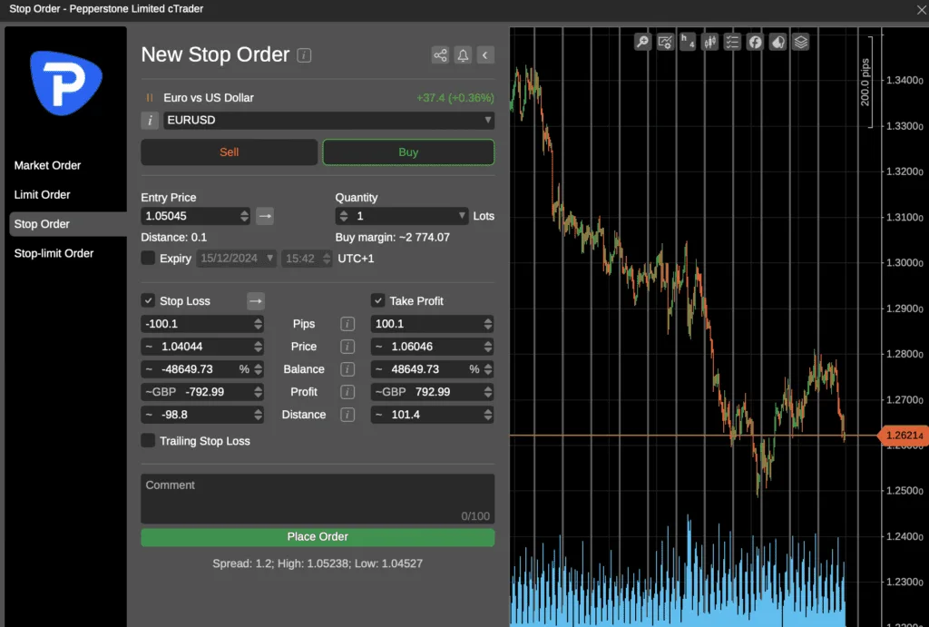 Pepperstone Stop Order on cTrader screenshot