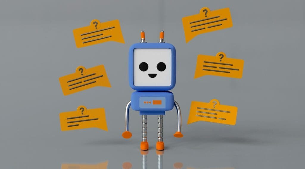 Chatbot robot surrounded by questions