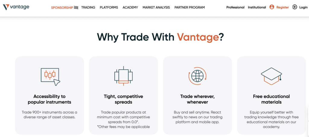 Vantage Markets Homepage showing 900+ instruments to trade in 2026.