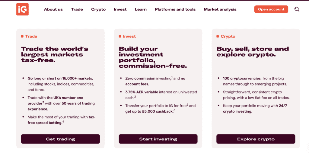IGs platform showing 16,000 instruments to trade from their homepage.