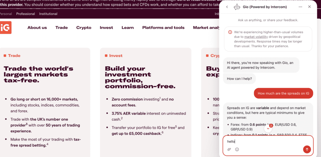 IG's Chatbot (Gio) answering questions about IG spreads